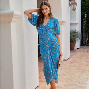 Blue Floral Ruched Midi Dress